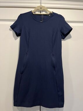 Navy Short-Sleeve Sheath Dress